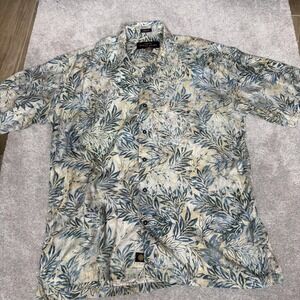 Pete Huntington Shirt Mens Large Blue Classic Fit Hawaiian Leaf Print Cotton